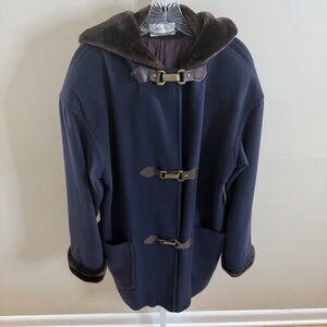 Ashley Scott navy hooded duffle coat faux fur trim wool blend made in usa